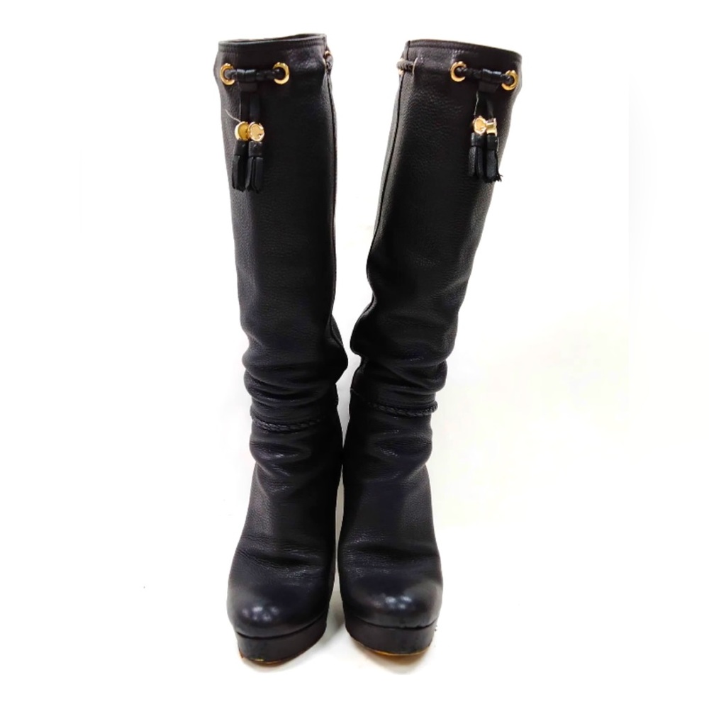 GUCCI Tall Black Leather Boots with Leather braid and tassels. Size 37